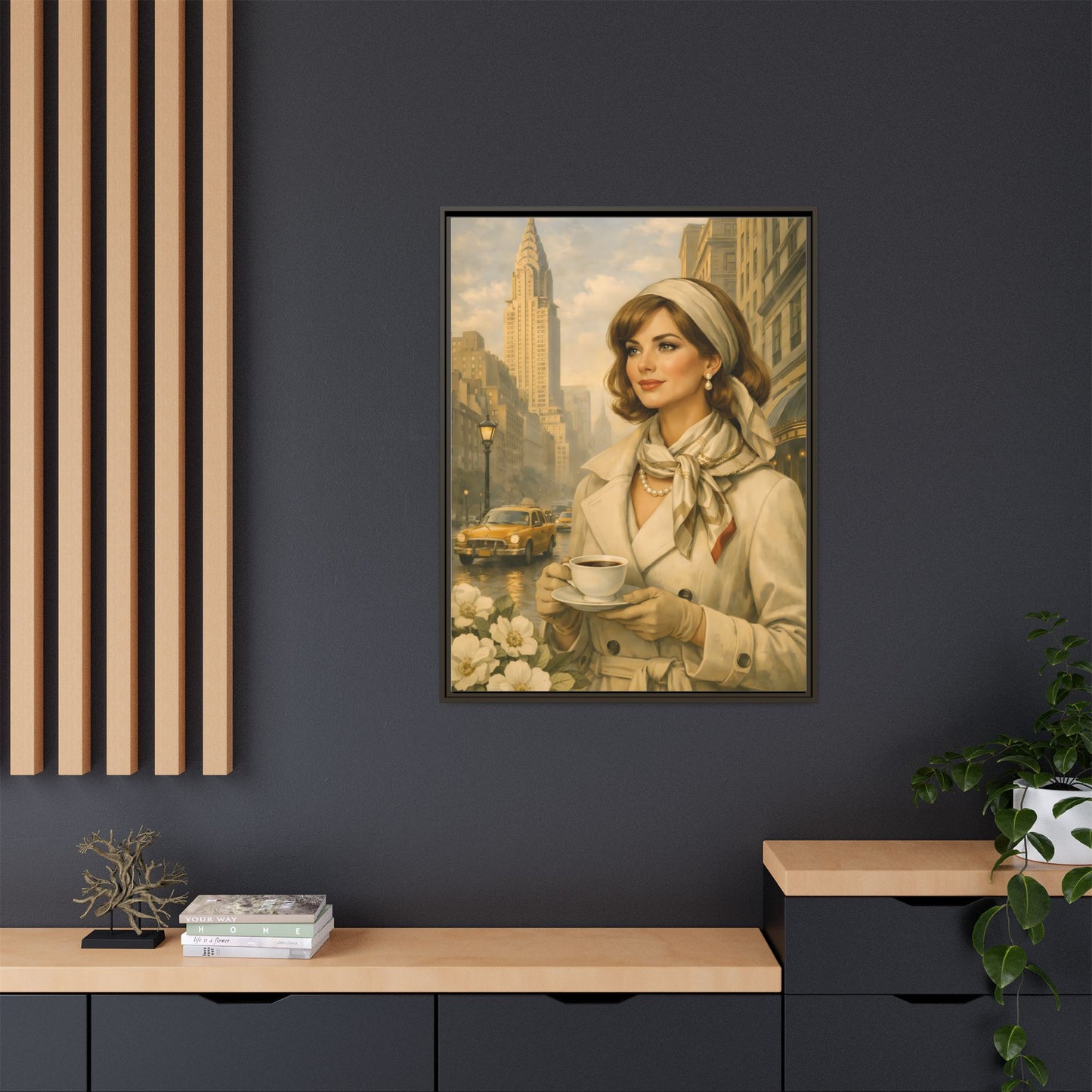 Elegant Vintage Woman with Coffee in New York — Retro Pop Art Framed Canvas