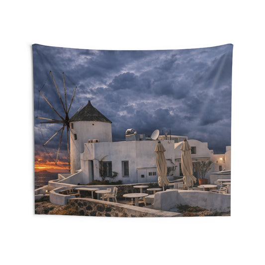 Oia Santorini Windmill Tapestry — Sunset Mediterranean Landscape Wall Hanging
