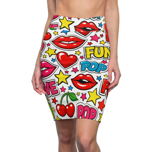 Pop Art Lip & Cherry Pencil Skirt — Fun 'POP' Graphic Print