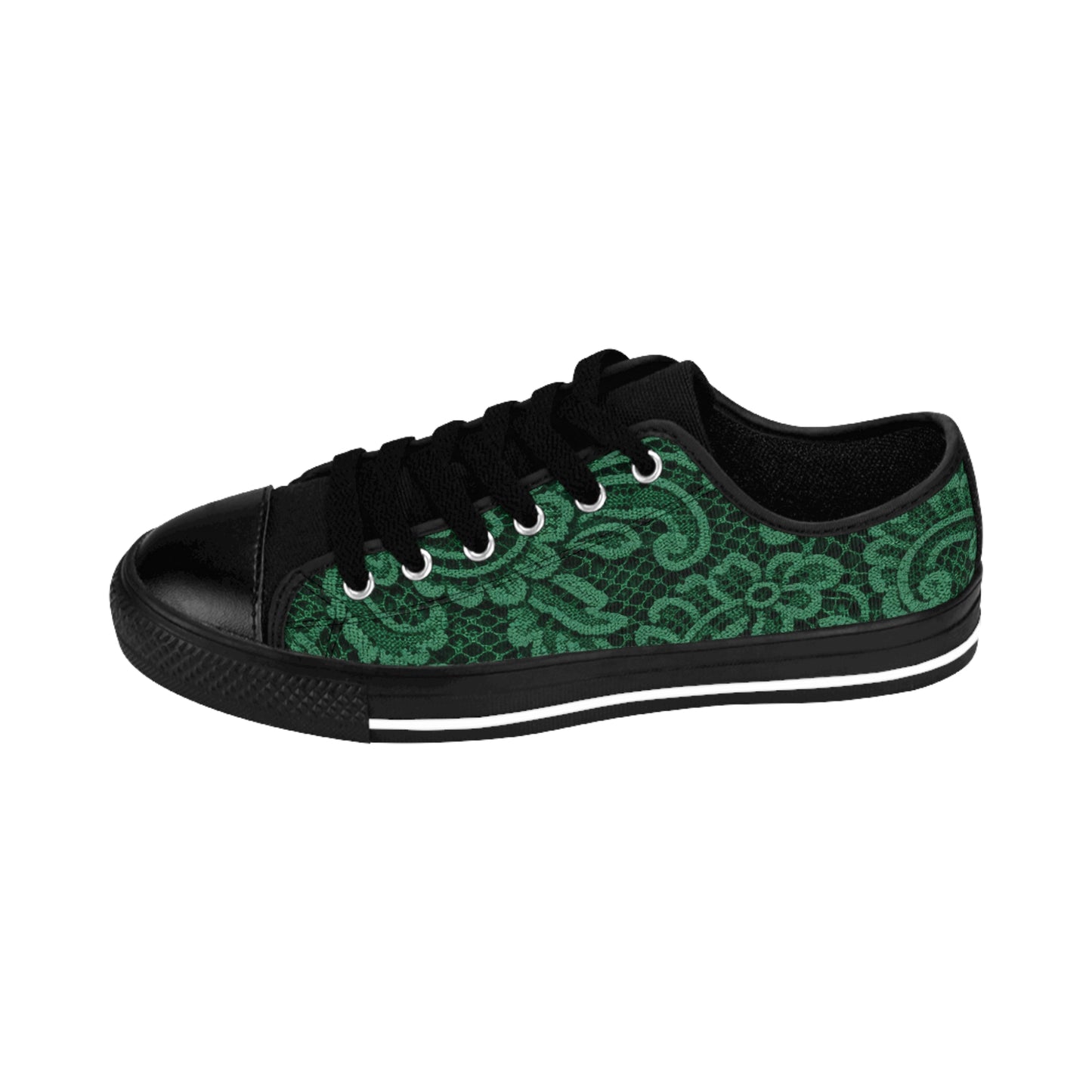 Green Floral Lace Pattern Women's Sneakers — Casual Low-Top Canvas Shoes