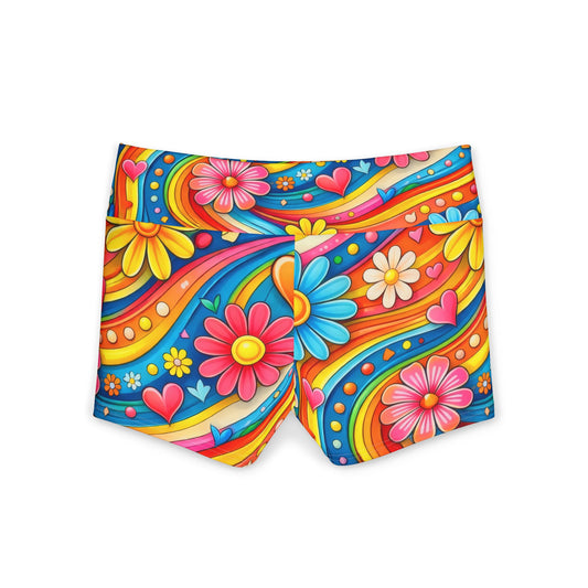 Psychedelic Floral Yoga Shorts — Women's Colorful 70s Retro Activewear