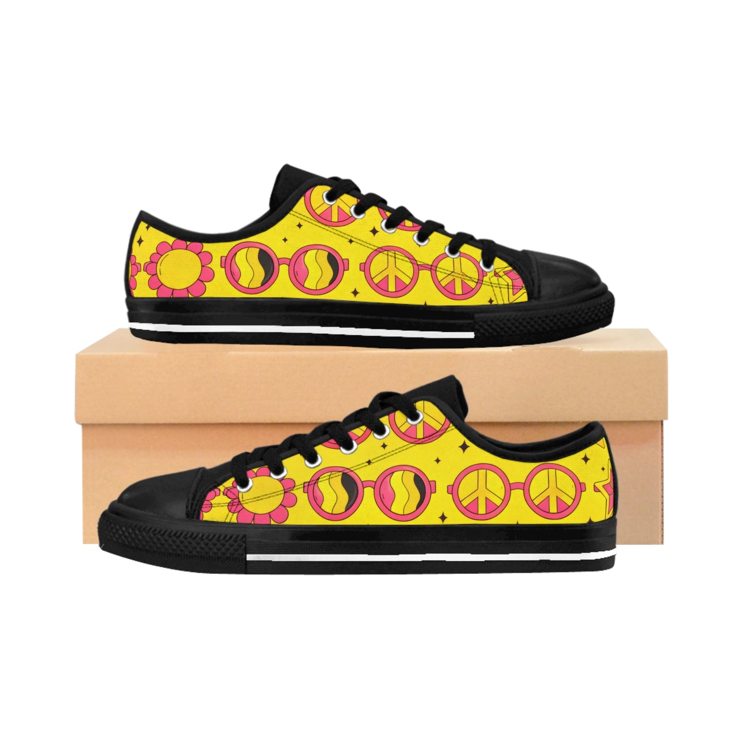 Peace Sign Floral Women's Sneakers — Yellow Retro Boho Canvas Shoes