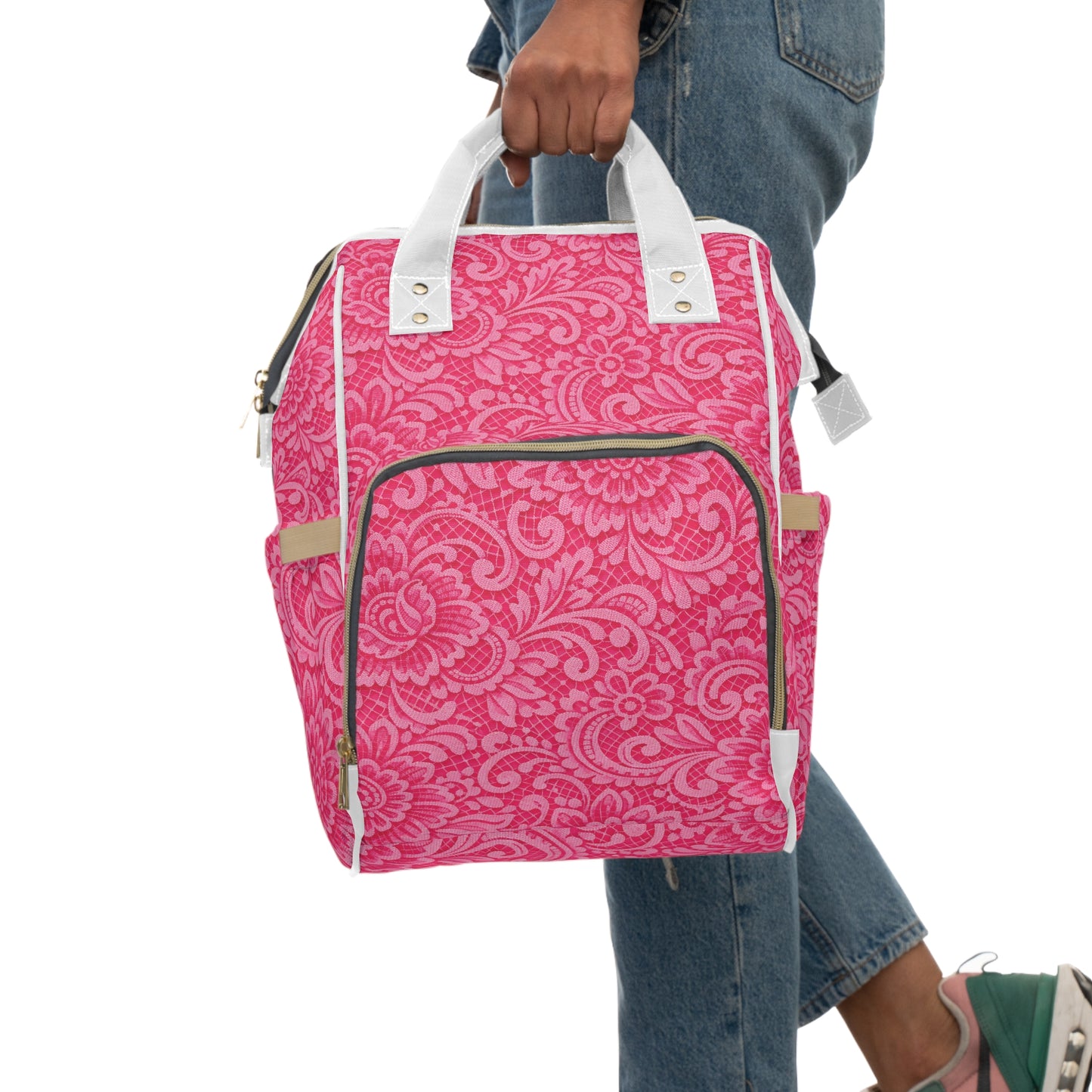 Pink Floral Diaper Backpack - Multifunctional Baby Nappy Bag with Large Pockets