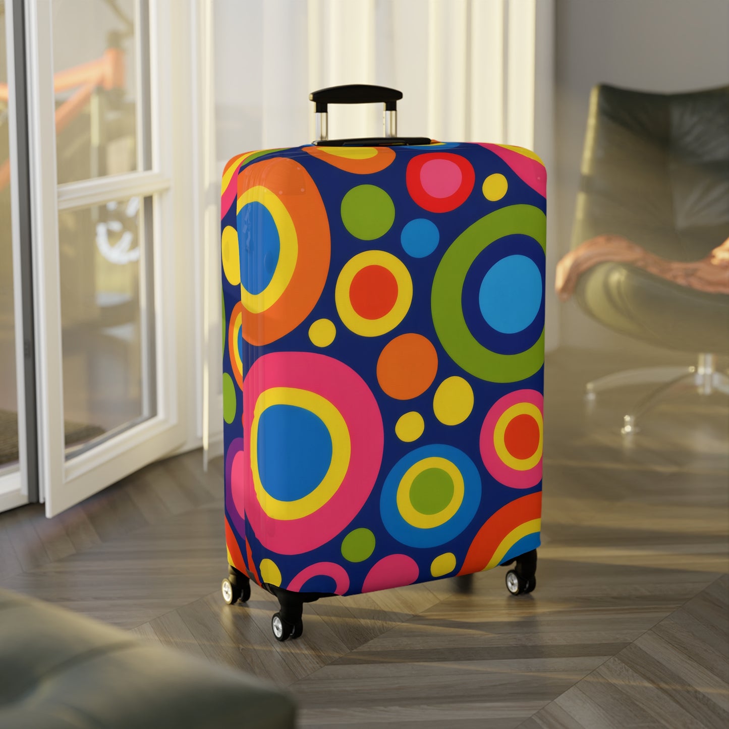 Colorful Retro Circles Luggage Cover — Bright Travel Suitcase Protector