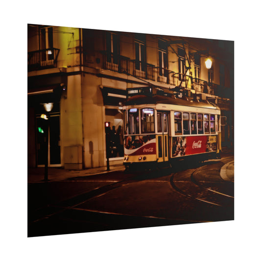 Lisbon Night Tram Poster, Portugal Cityscape Wall Art, Moody Urban Photography Print, European Street Scene Decor, Vintage Tramway Wall Art