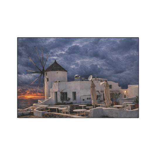 Oia Santorini Windmill Floor Mat — Mediterranean Coastal Sunset Home Decor