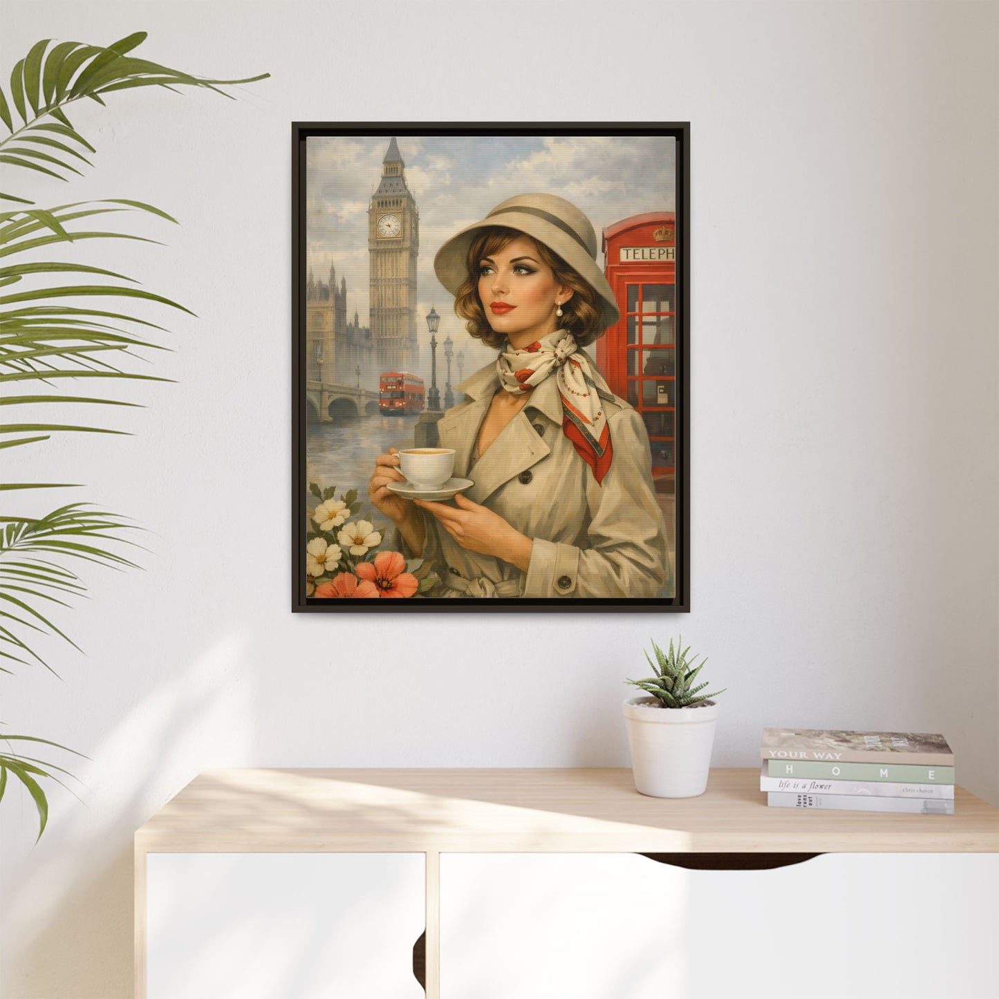 Elegant vintage woman drinking tea in front of Big Ben in London, retro British travel fashion illustration Matte Canvas