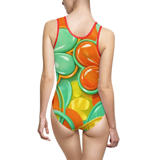 Retro Orange & Teal Floral One-Piece Swimsuit