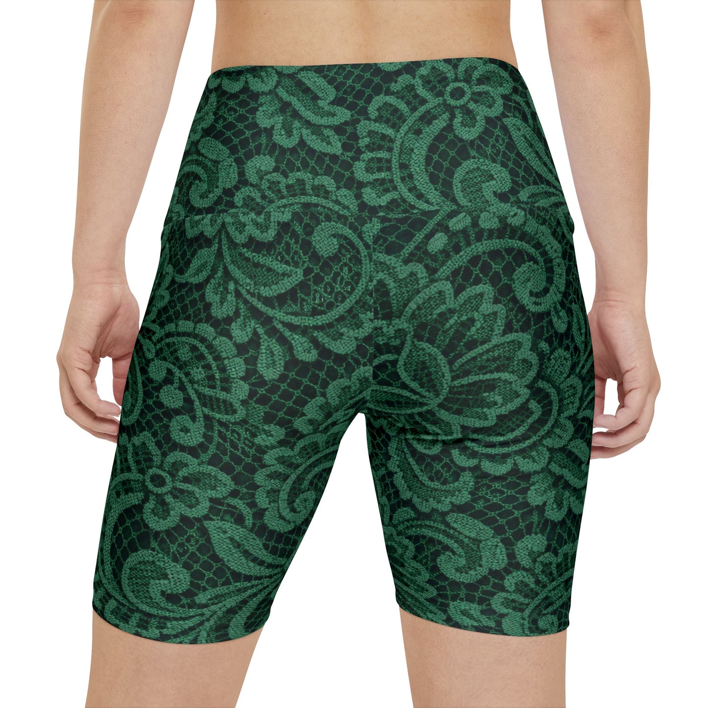 Green Lace Floral Women's Workout Shorts — High-Waist Activewear