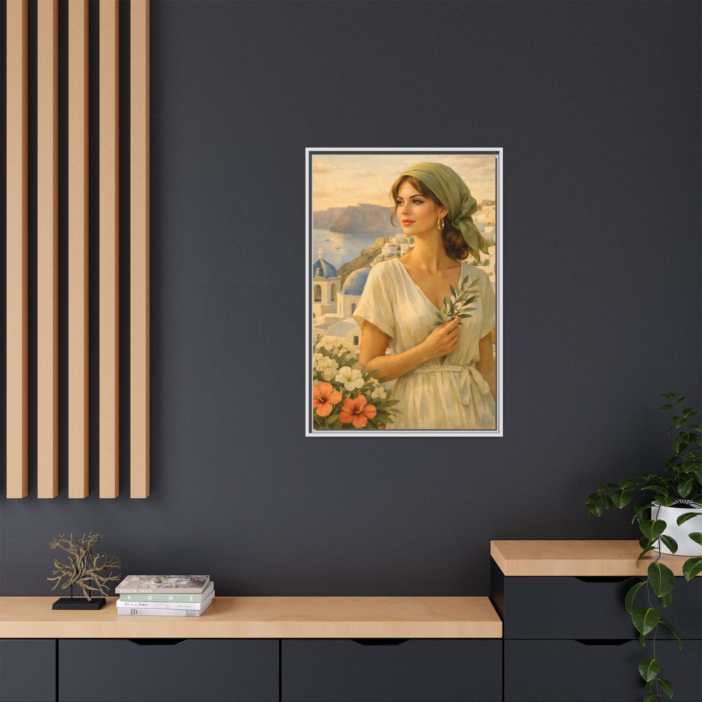 Oia Santorini Greek Woman Portrait — Romantic Vintage Framed Matte Canvas Art