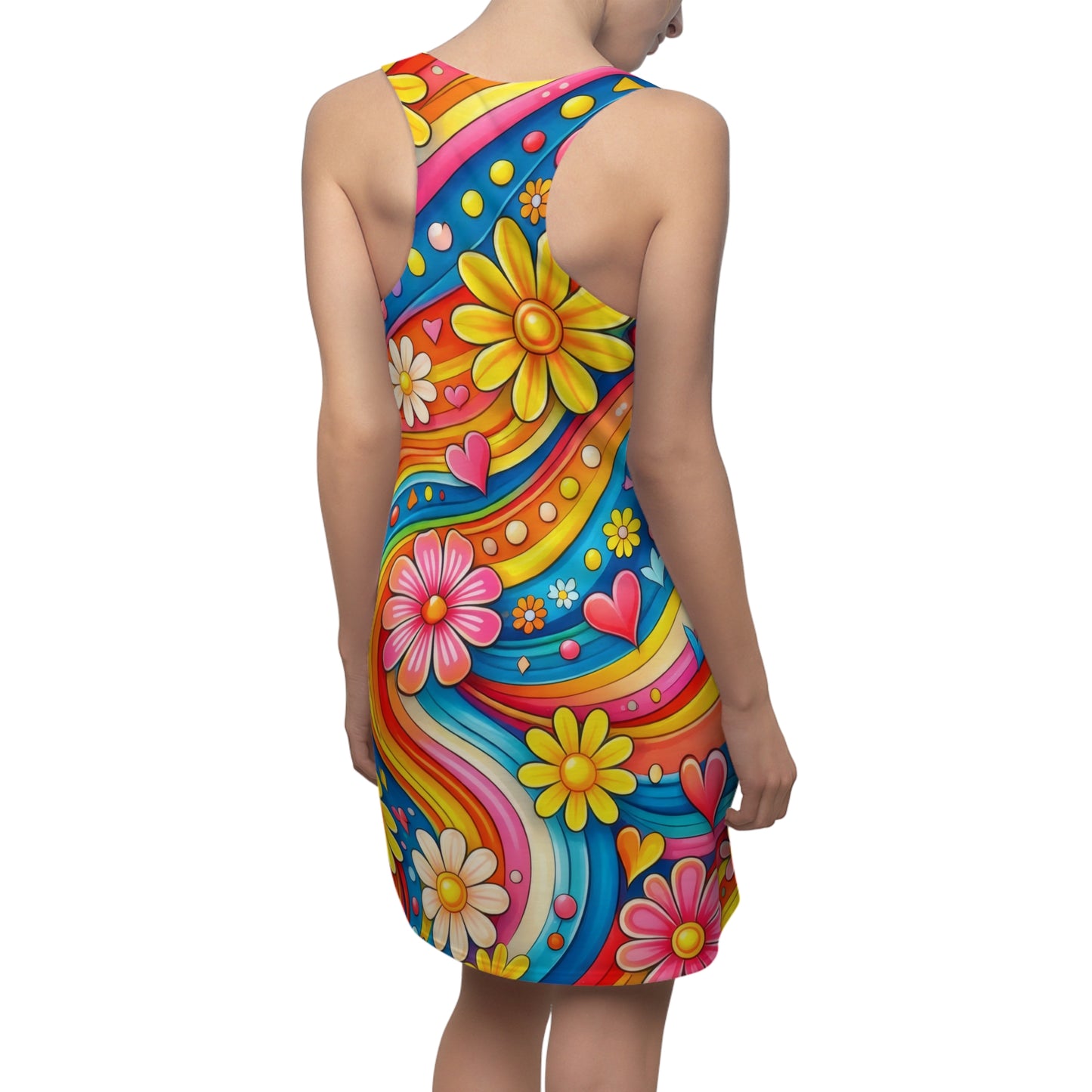 Psychedelic Floral Racerback Dress — Retro 60s Flower Power All-Over Print