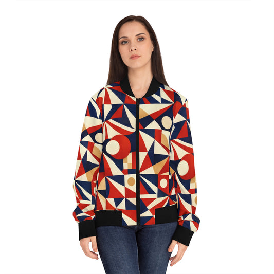 Bomber Jacket — Retro Geometric Red & Navy All-Over Print