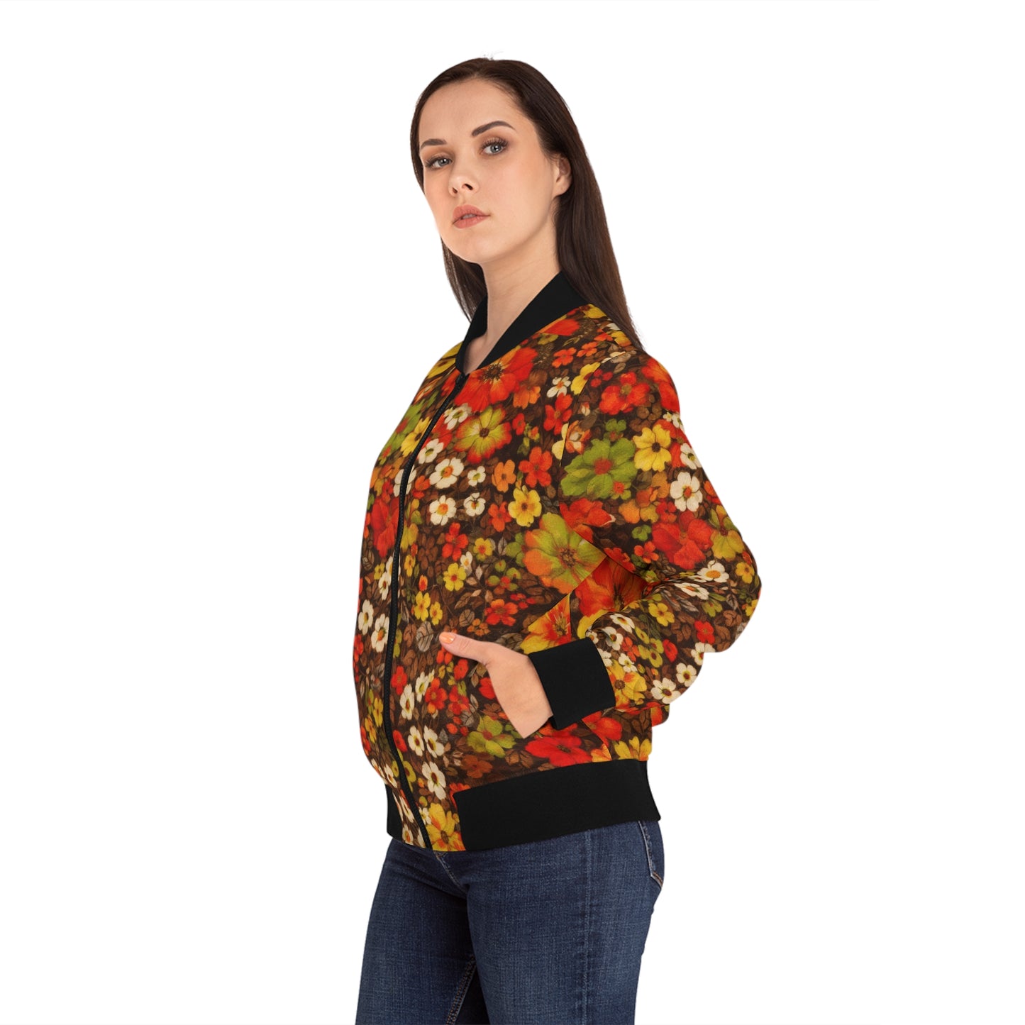 Floral Fall Bomber Jacket — Vintage Orange & Brown All-Over Print