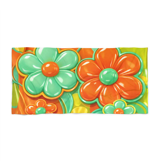 Retro Floral Pattern Beach Towel | Orange Teal Flower Design