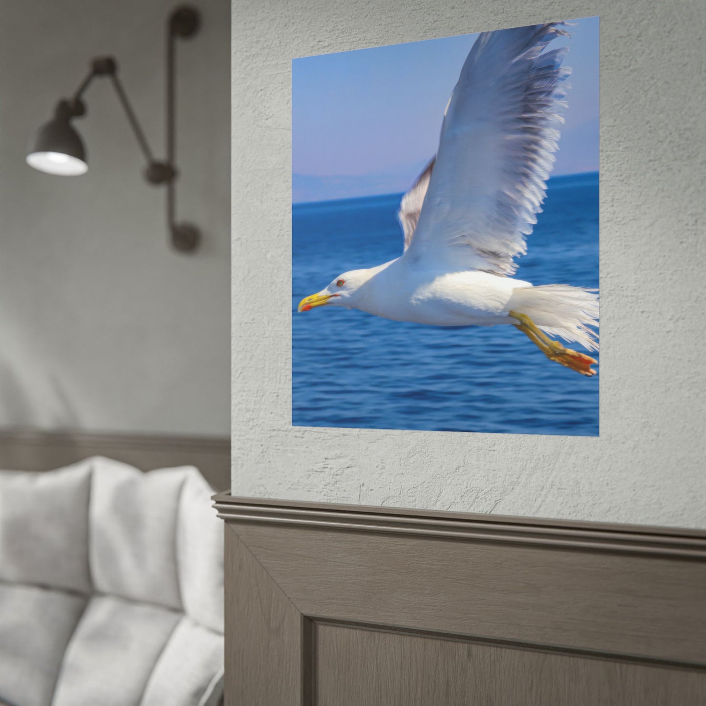 Seagull in Flight Poster, Ocean Blue Sea Wall Art, Coastal Bird Photography Print, Mediterranean Nautical Decor, Minimalist Beach House Art
