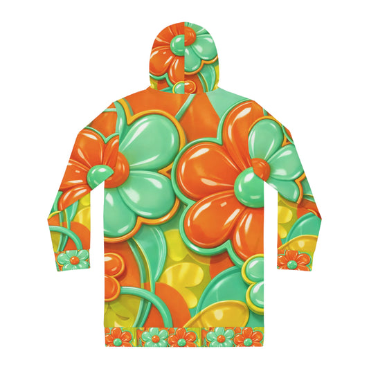 Retro Floral Hoodie Dress - Orange & Teal 60s Flower Power All-Over Print