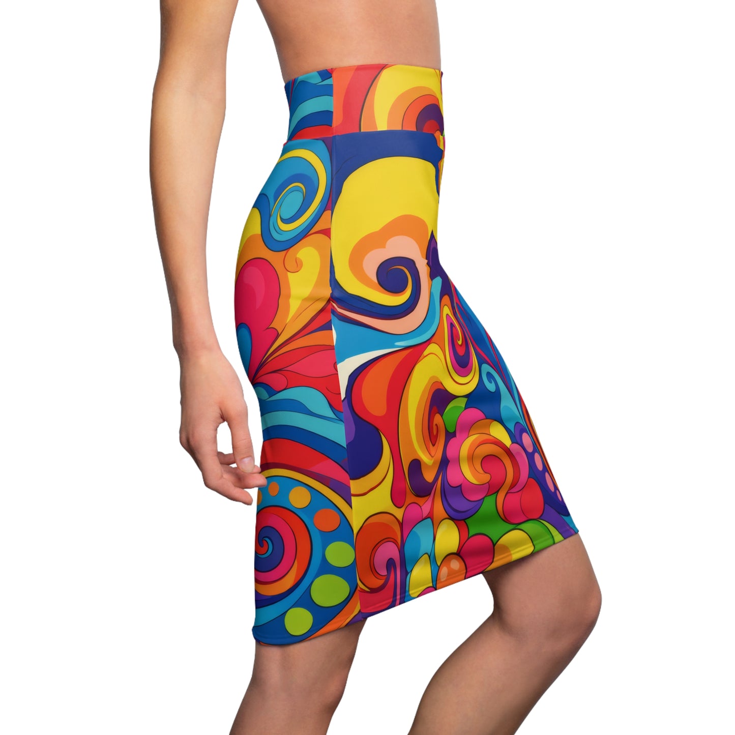 Psychedelic Swirl Pencil Skirt — Vibrant Retro Floral AOP
