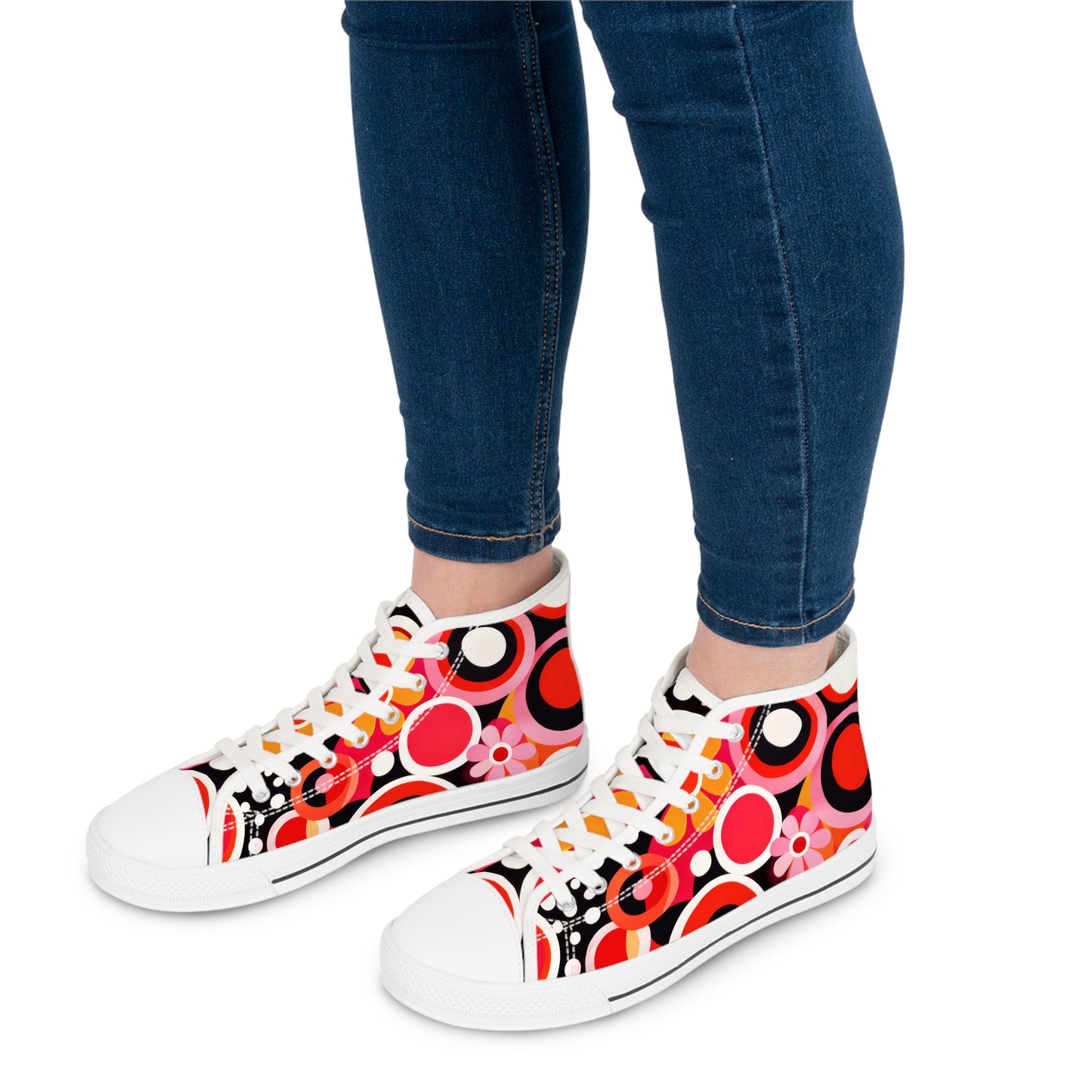 Retro Floral High-Top Sneakers — Women’s Colorful 60s-Inspired Pattern