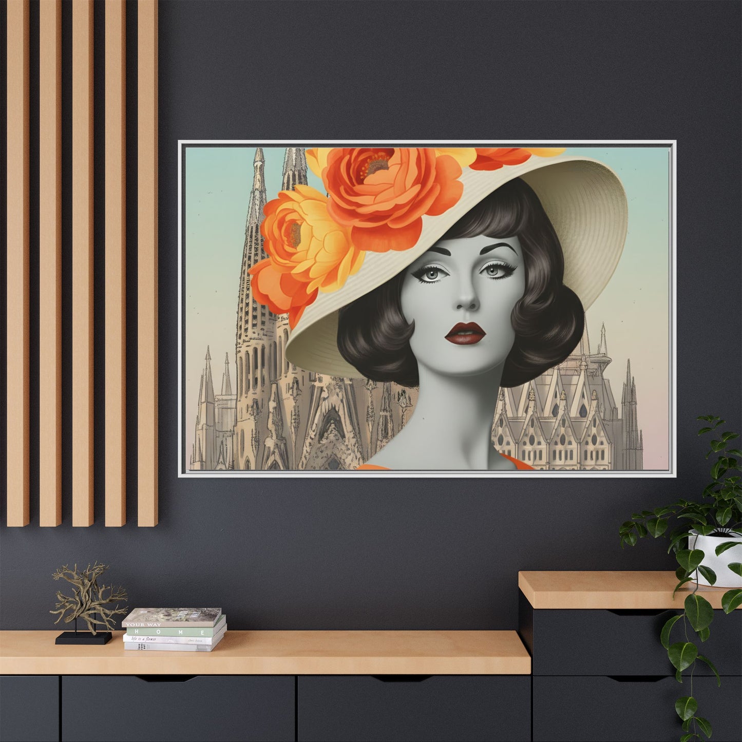 Elegant Vintage Woman with Coffee in front of Sagrada Familia in Barcelona — Retro Pop Art Framed Matte Canvas