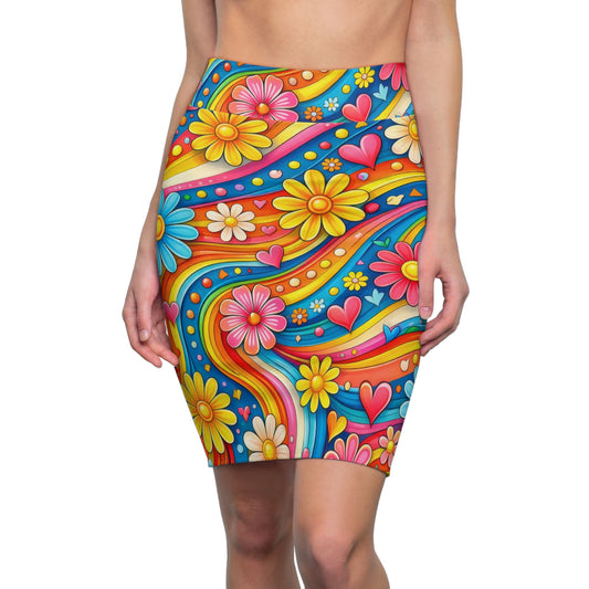 Retro Floral Psychedelic Pencil Skirt — Colorful 70s Daisy Heart Print