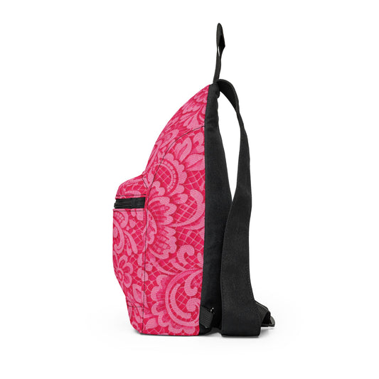 Pink Damask Sling Bag – Floral Pattern Crossbody Backpack for Everyday Travel