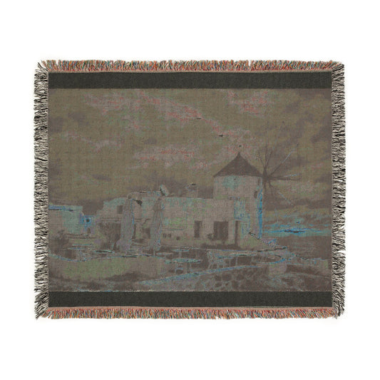 Oia Santorini Windmill Woven Blanket — Coastal Nightscape Cotton Throw