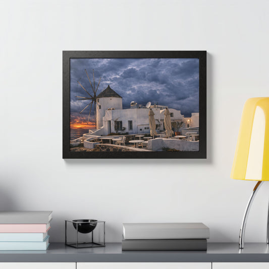 Santorini Windmill Sunset Poster Framed Wall Art Greece Coastal Landscape Print Mediterranean Home Decor Travel Photography Gift