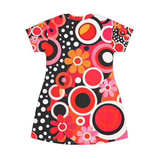 Retro Floral Circle Print T‑Shirt Dress — Bold 60s-Inspired AOP