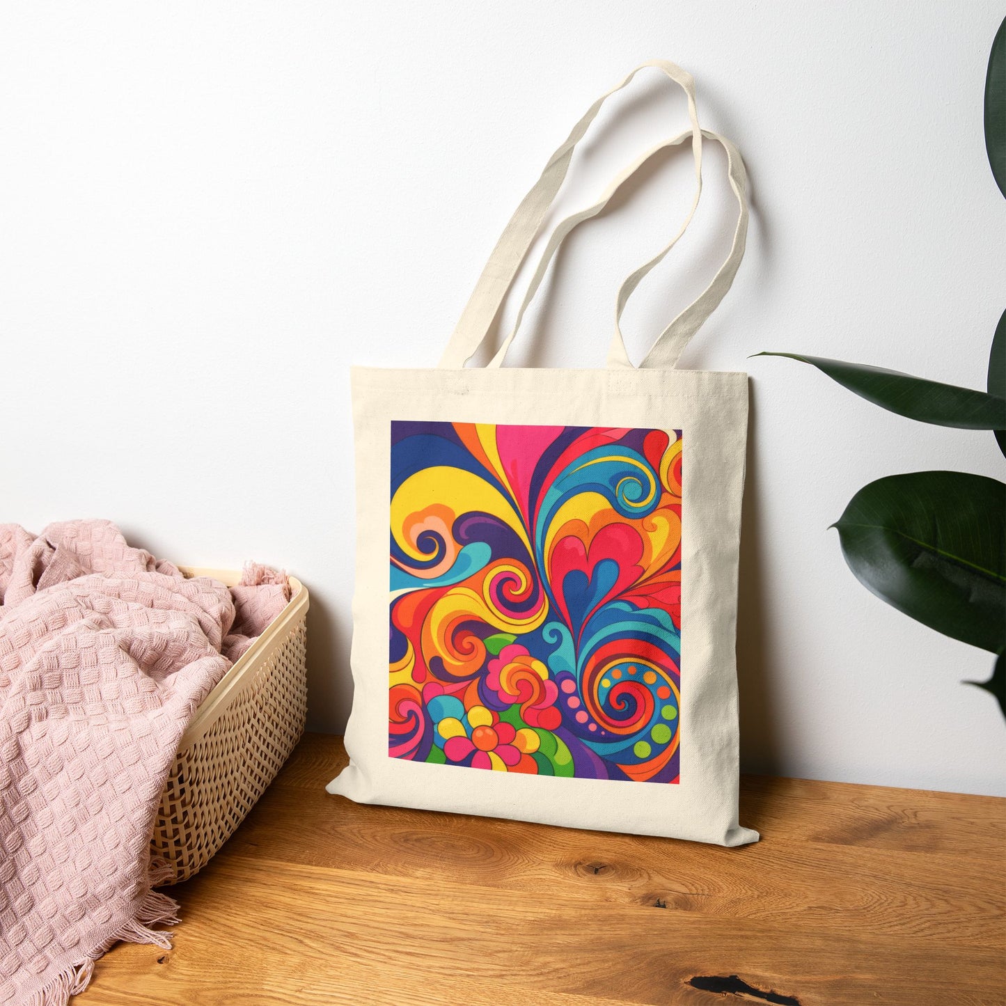 Psychedelic Swirl Canvas Tote — Colorful Retro Floral Boho Bag