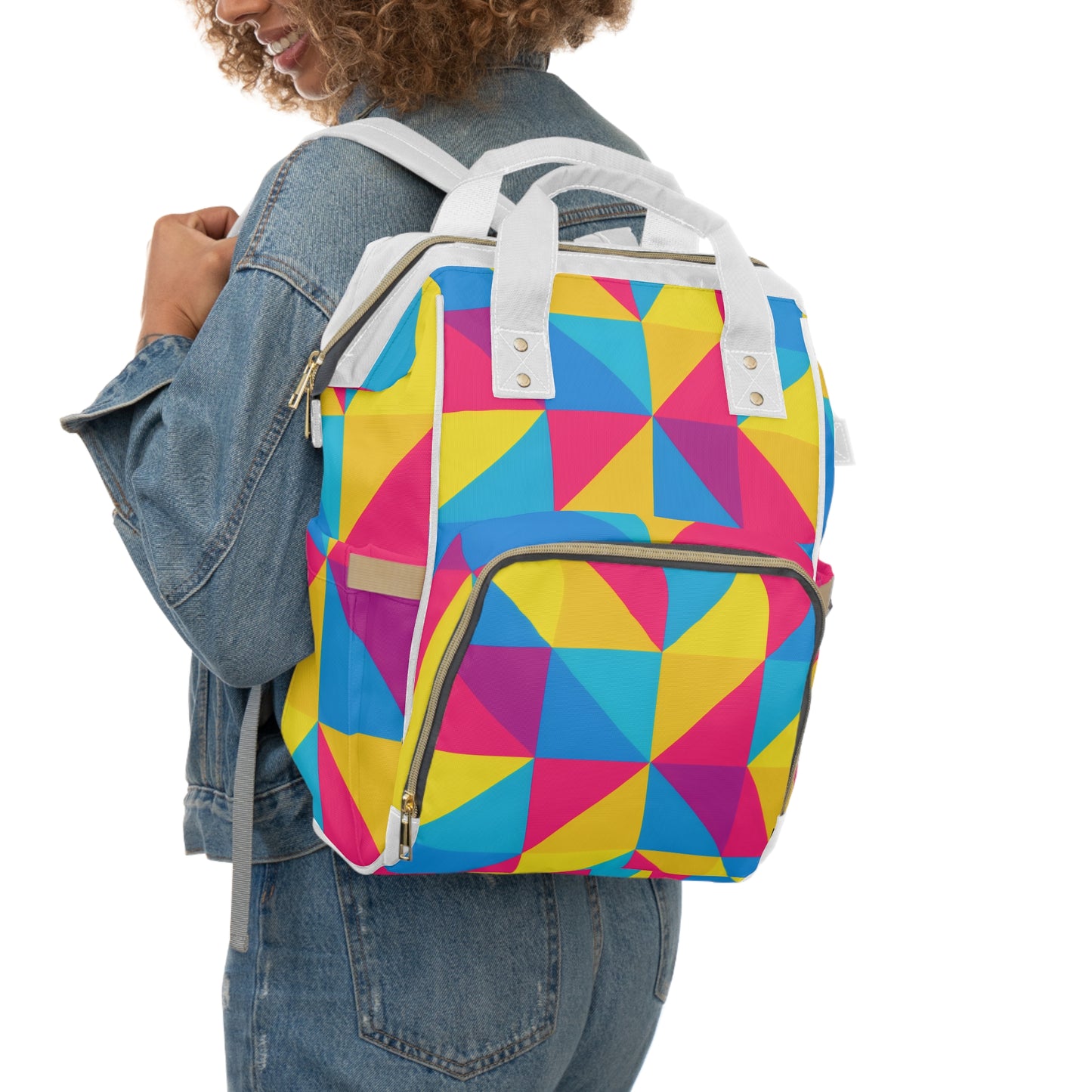 Geometric Colorblock Diaper Backpack – Multifunctional Baby Bag with Bright Tri-Block Pattern