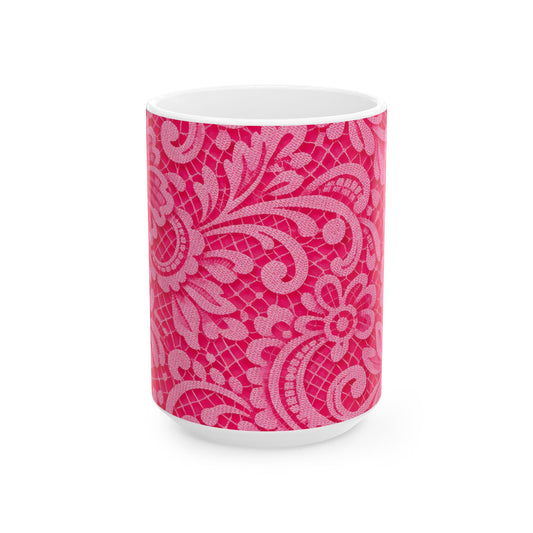 Pink Floral Lace Ceramic Mug — Decorative Paisley Pattern Coffee Cup (11oz, 15oz)