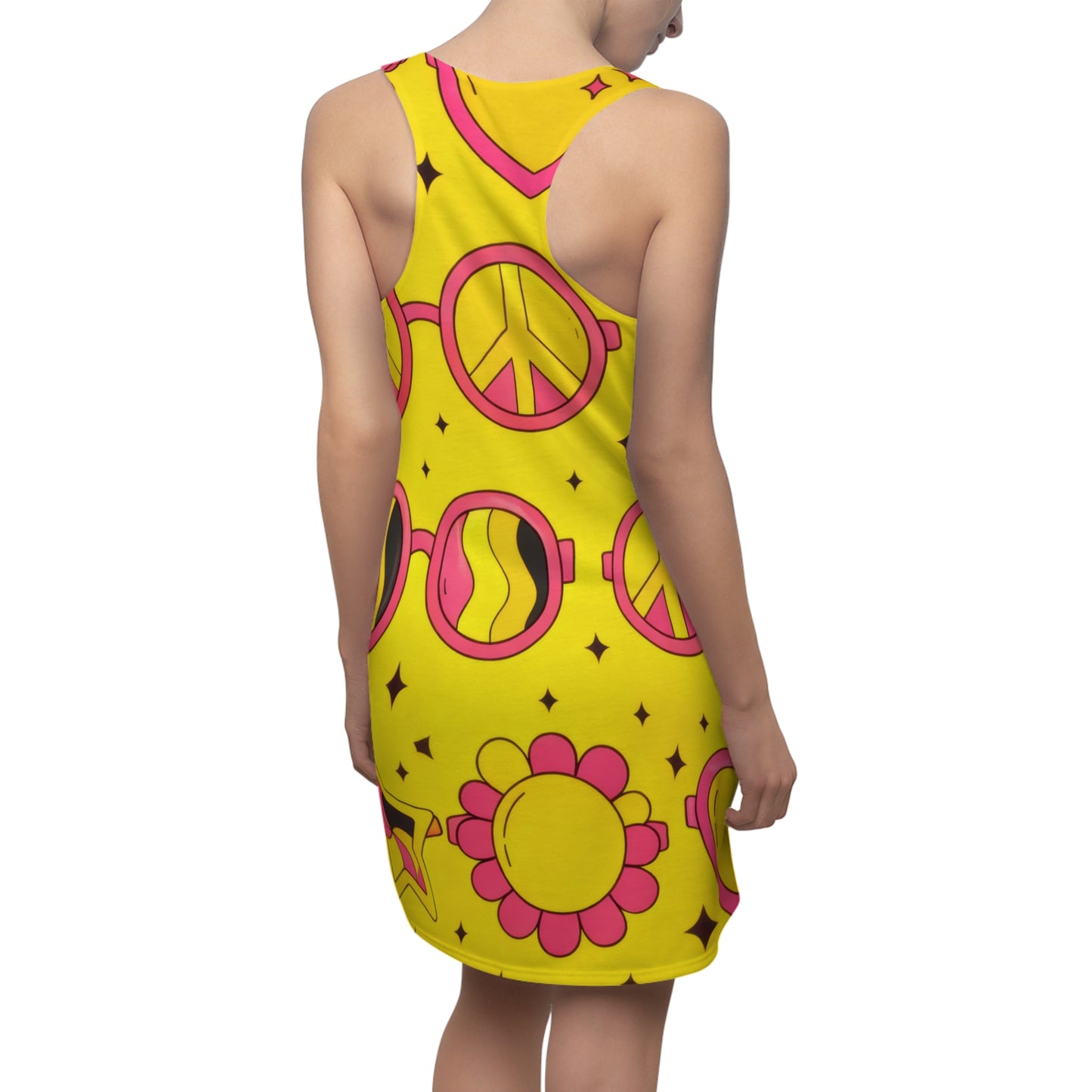Yellow Retro Peace & Heart Racerback Dress - 70s Flower Power Print