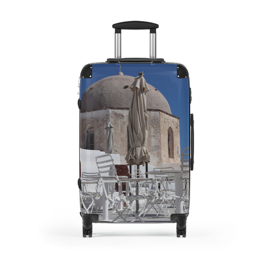 Luxury Santorini Oia Suitcase - Ghost City Edition - Empty Cafe & Ancient Dome Photography - Aesthetic Greek Island Travel Luggage