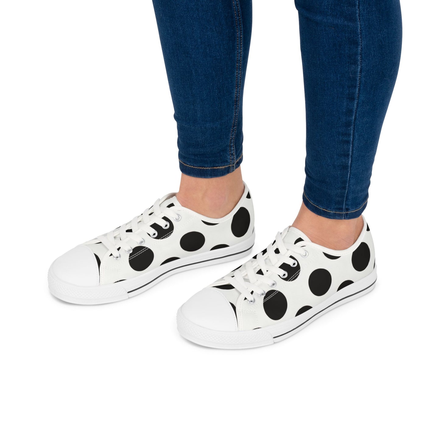 Polka Dot Low Top Sneakers — Women's Black & White Casual Canvas Shoes