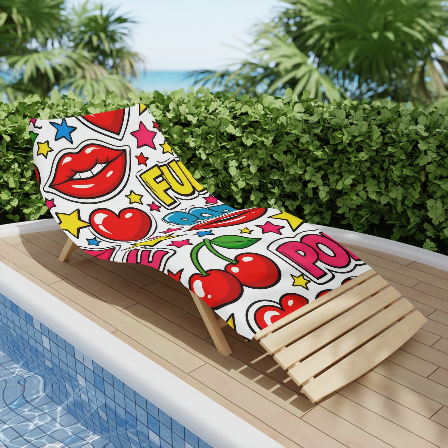 Pop Art Cherry Beach Towel — Fun Lips, Hearts & "POP" Pattern