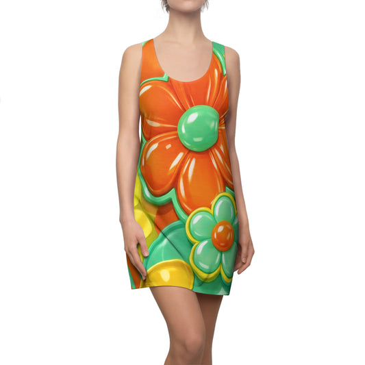 Retro Orange Green Floral Racerback Dress | Psychedelic Flower Print