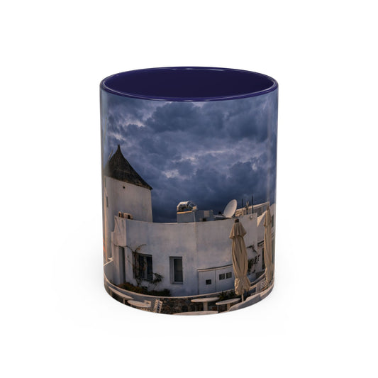 Santorini Windmill Storm Coffee Mug | Dramatic Sky Greek Travel Gift
