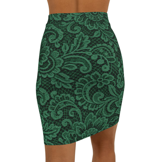 Green Lace Floral Pencil Skirt — Mid‑Waist Bodycon