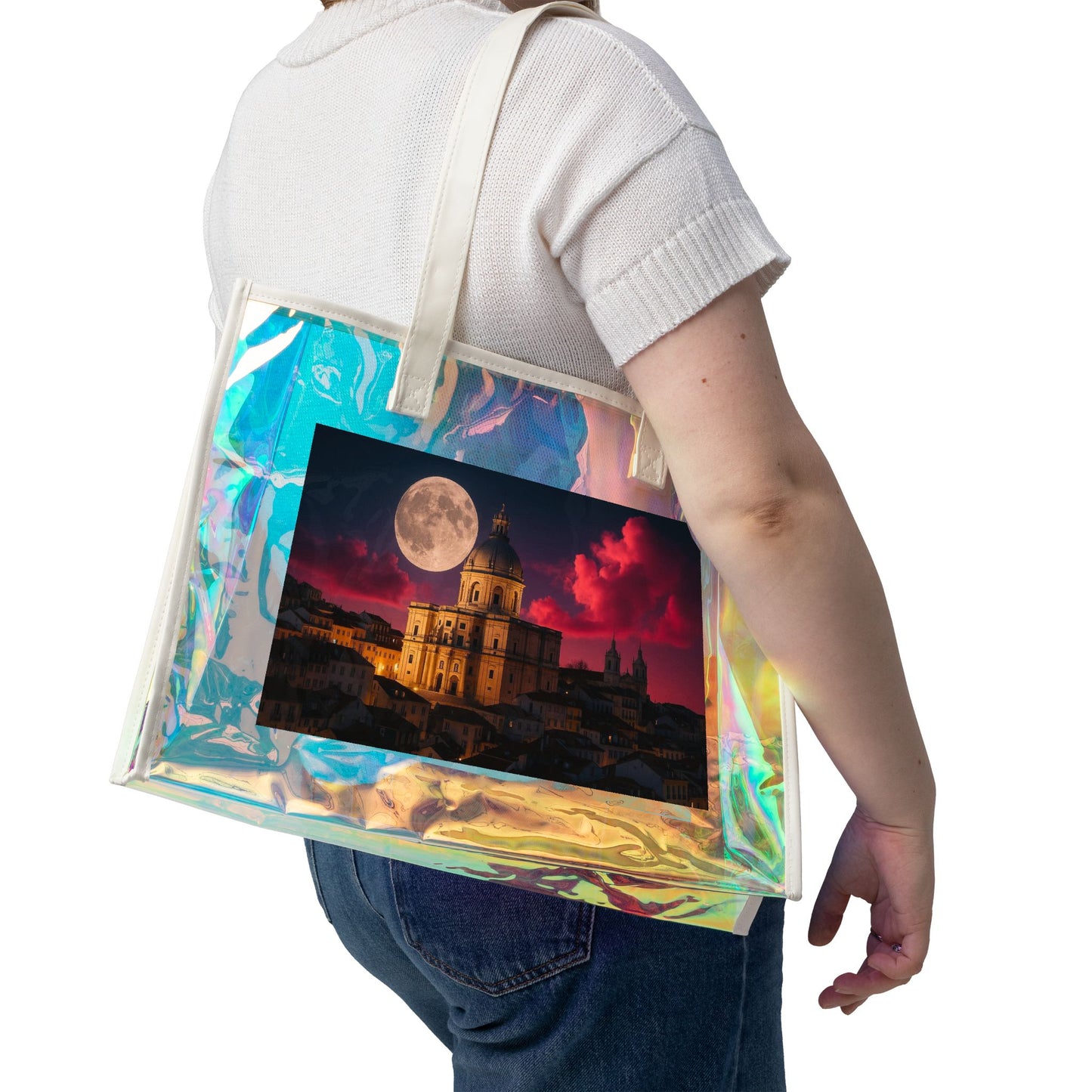 Holographic Beach Tote Bag — Moonlit Cityscape Print