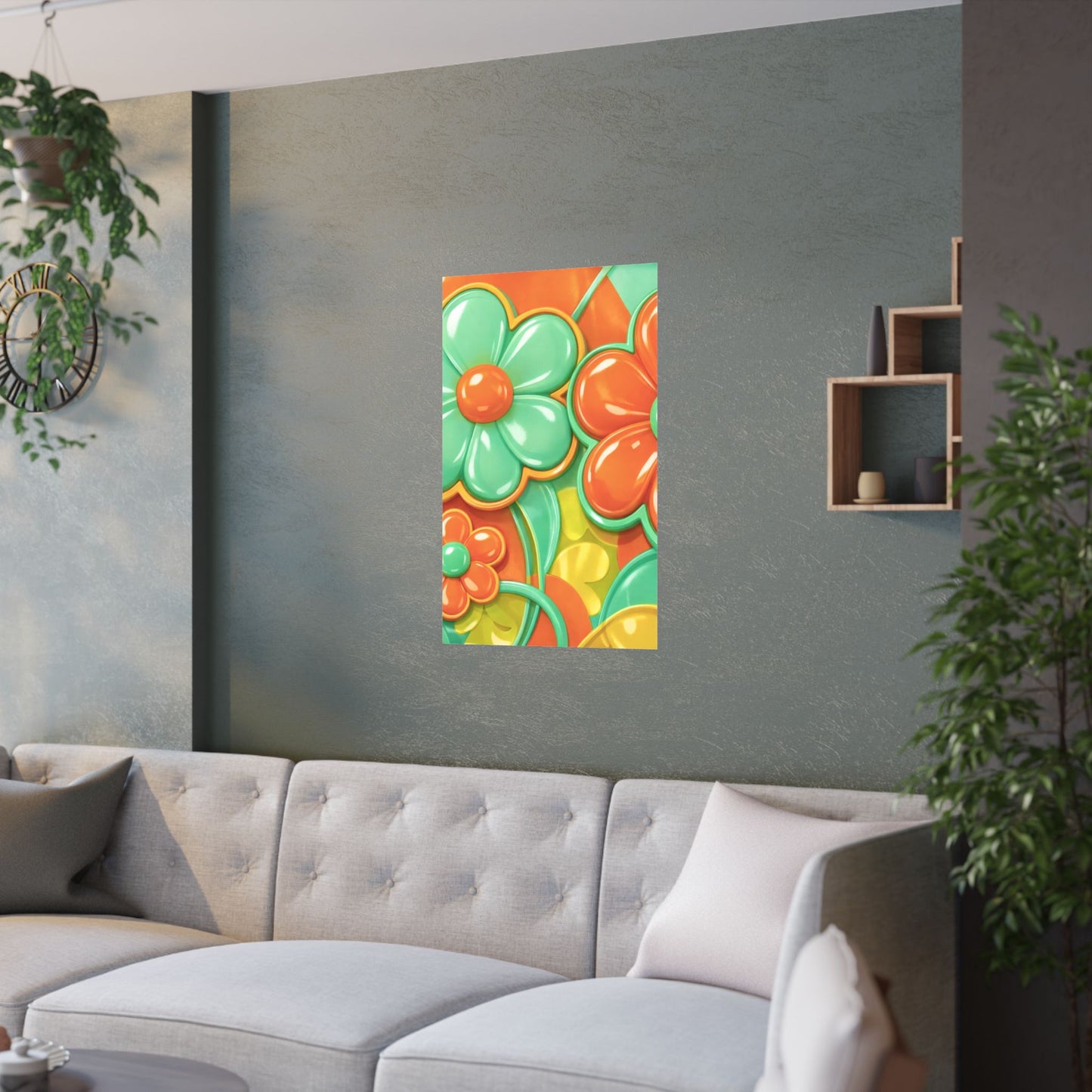 Retro Orange Teal Flower Pattern Poster | Satin Poster