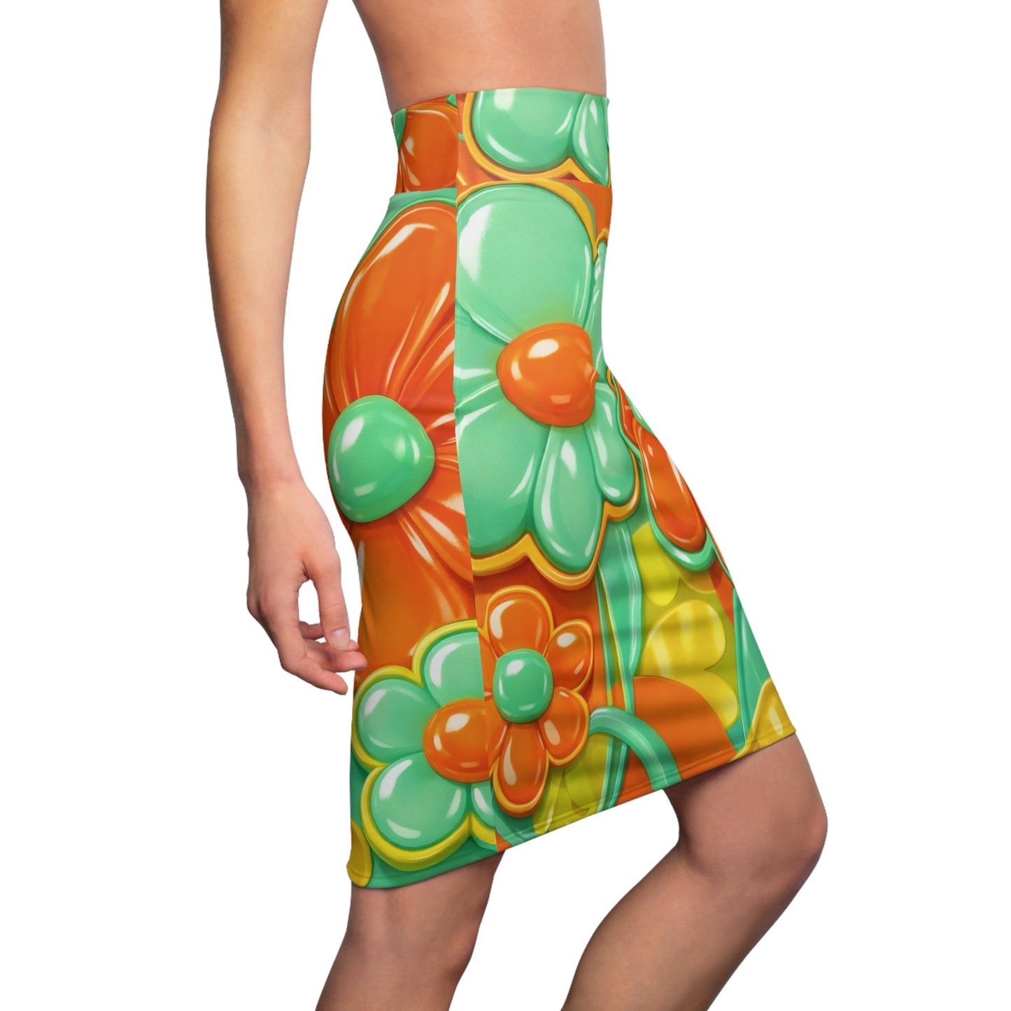 Retro Floral Pencil Skirt — 60s Orange & Teal All-Over Print