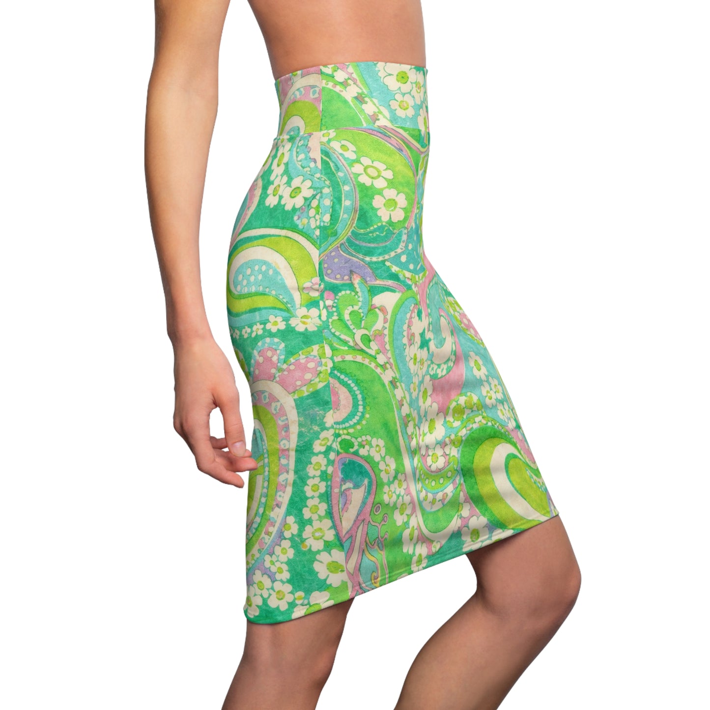 Floral Paisley Pencil Skirt — Pastel Green Retro Print
