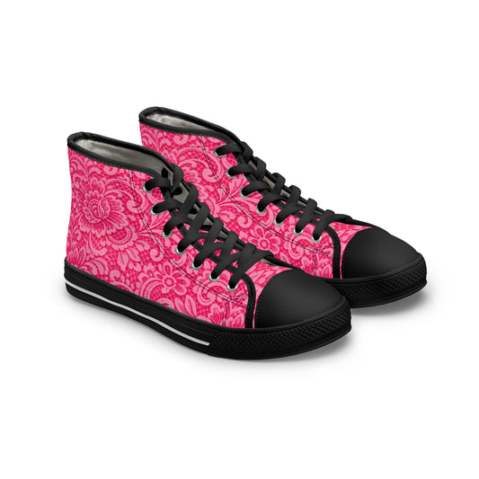 Pink Floral Lace High-Top Sneakers — Women's Patterned Canvas Shoes