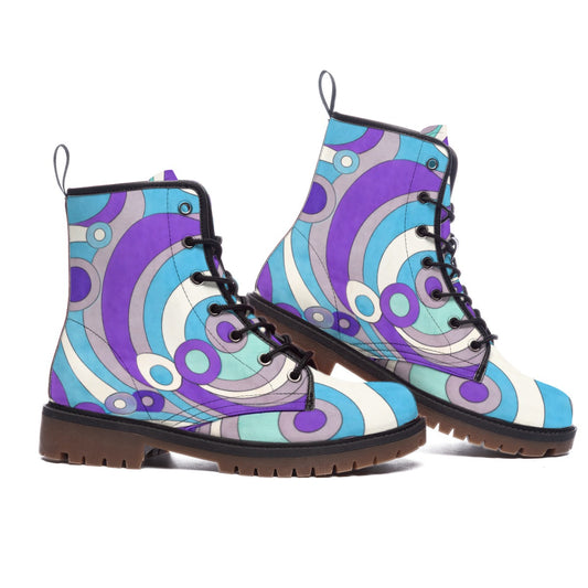 Retro Wave Swirl Men's Martin Short Boots — 60s Mod Purple Blue Geometric Print