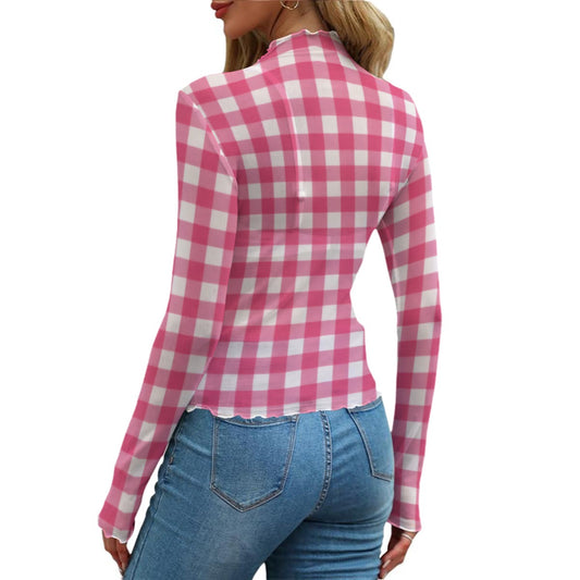 Pink Gingham Check Women's Mesh T-Shirt | All-Over Print Long Sleeve