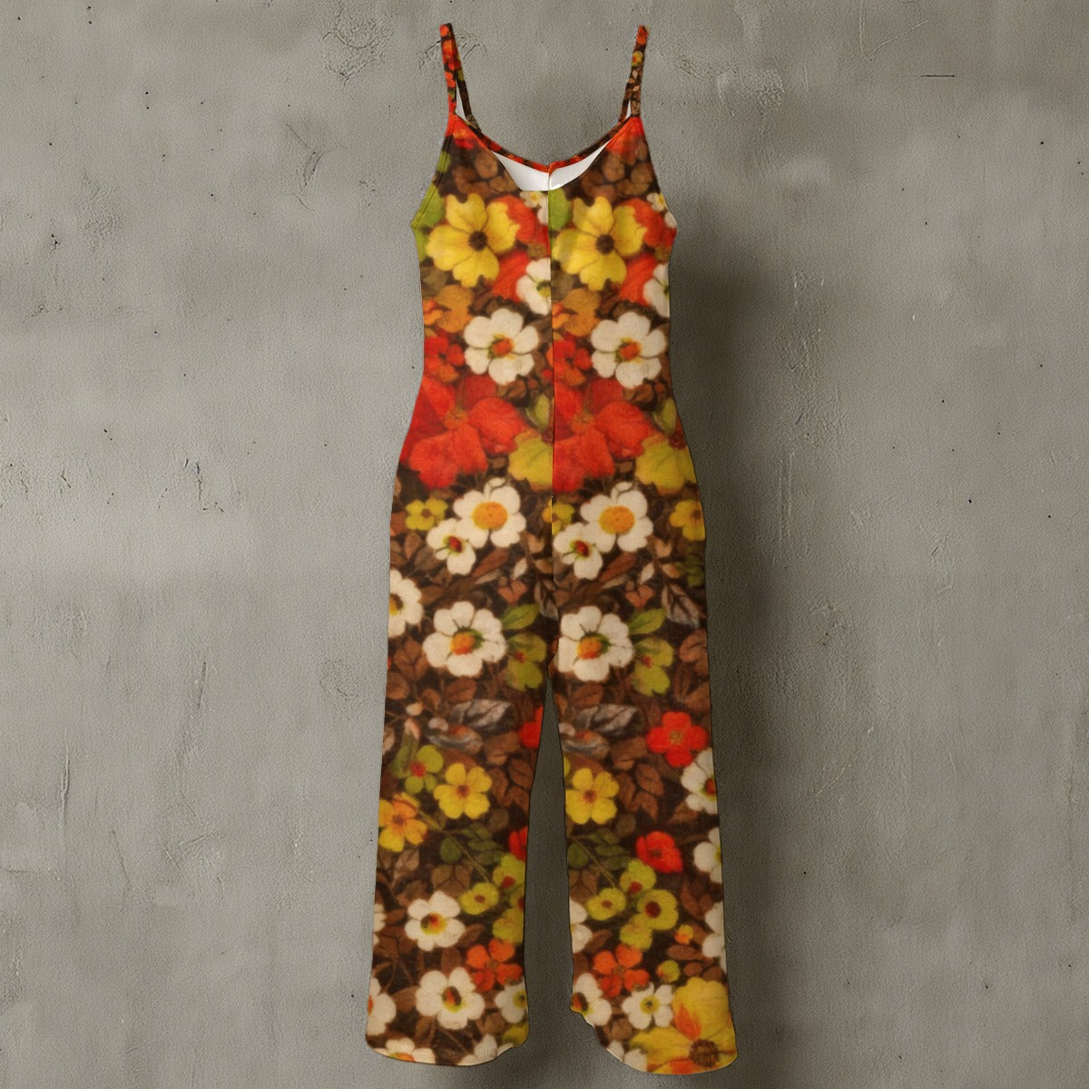 70s Autumn Floral Wide-Leg Jumpsuit — Orange Brown Retro Spaghetti Strap