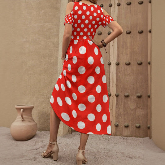 Vintage 60s Retro Red Polka Dot Apparel All-Over Print Women's V-neck Off-shoulder Dress