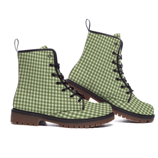 Sage Green Gingham Check Men's Martin Short Boots — Retro Plaid Print