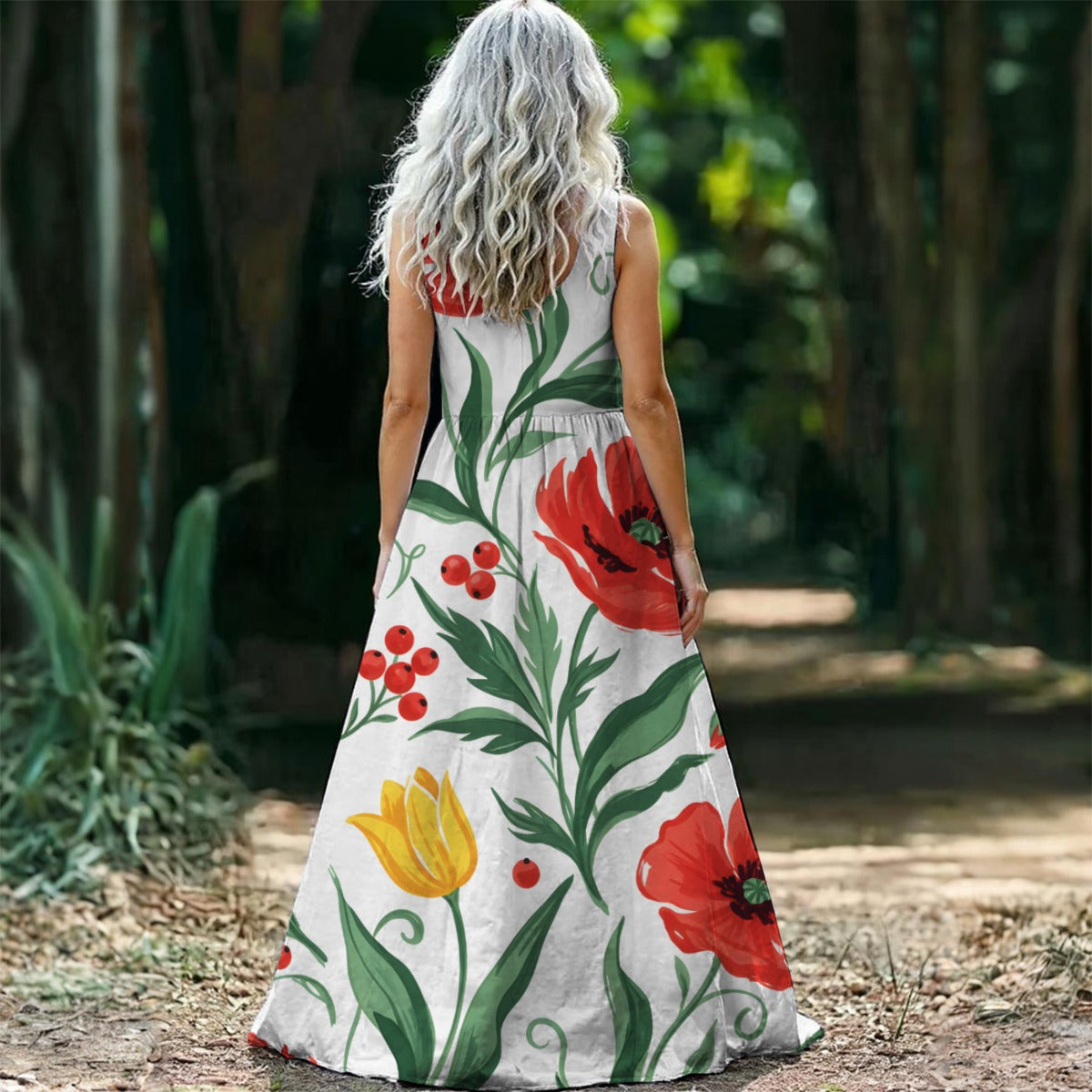 Poppy & Tulip Maxi Dress — Folk Art Floral Print on White