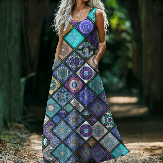 Mandala Patchwork Maxi Dress — Boho Purple Teal Tile Print